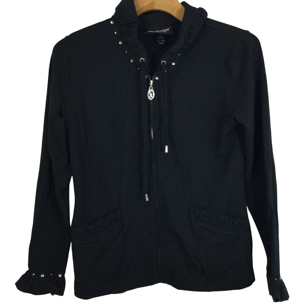 Christine Alexander Womens Ruffle Collar Embellished Full Zip Jacket Black Small